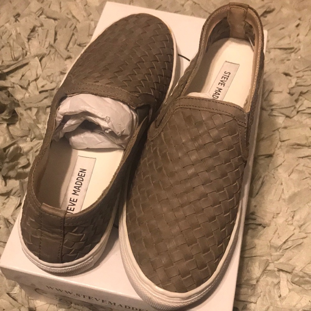 Green weaved flats.